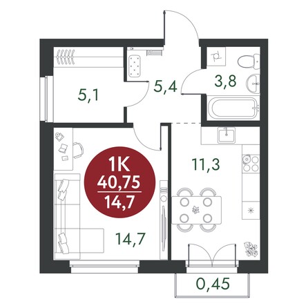 Планировка 1-комн 40,75 м²