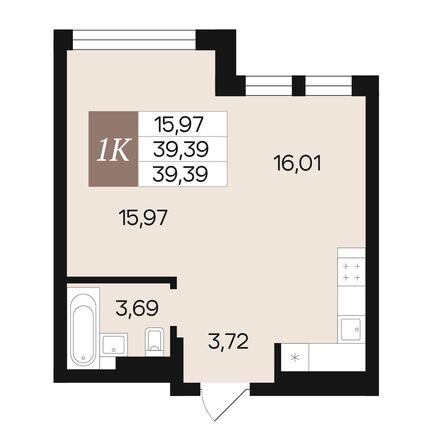 Планировка 1-комн 39,39, 39,84 м²