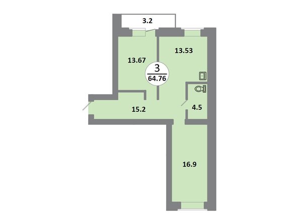 Планировка 3-комн 64,76 м²