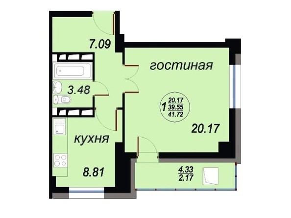 Планировка однокомнатной квартиры 41,72 кв.м