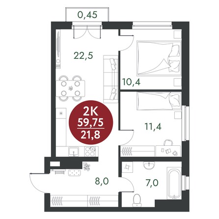 Планировка 2-комн 59,75, 59,95 м²