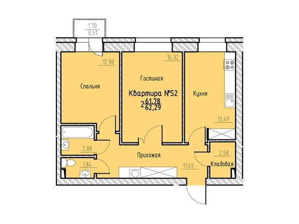 Планировка двухкомнатной квартиры 62,29 кв.м