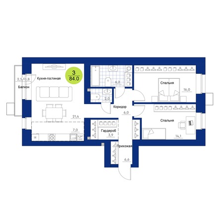 Планировка 3-комн 84 м²