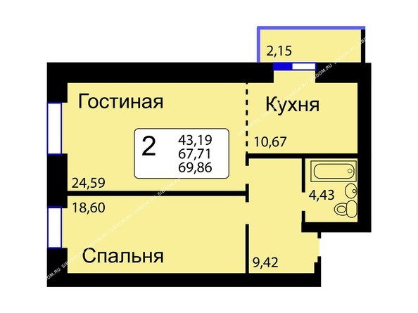 Б/С - 11. Планировка двухкомнатной квартиры 69,86 кв.м. Этажи 10-16.