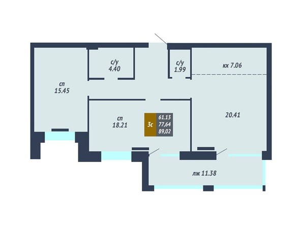 Планировка 3-комнатной квартиры 77,64 кв.м