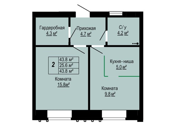 Планировка 2-комн 43,8 м²