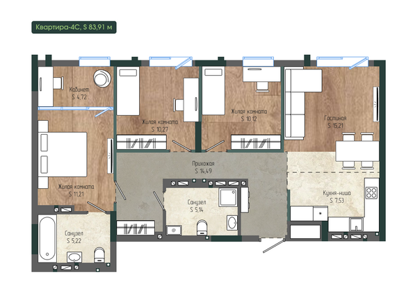 Планировка 4-комн 83,91 м²