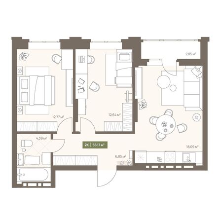 Планировка 2-комн 56,17 м²