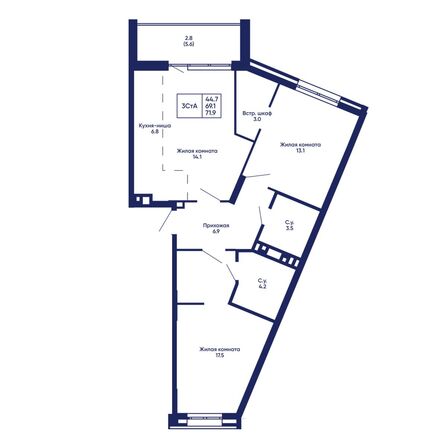 Планировка 3-комн 71,9 м²