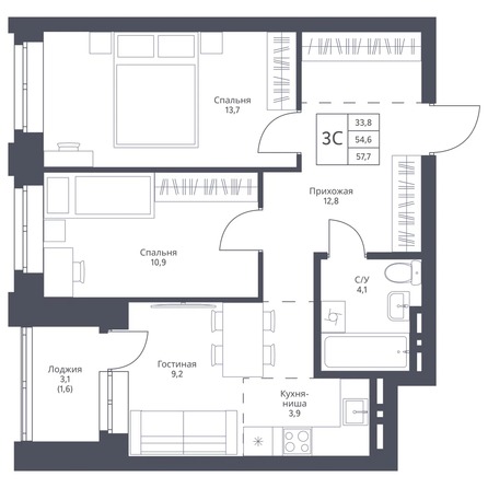 Планировка 2-комн 57,7, 57,9 м²