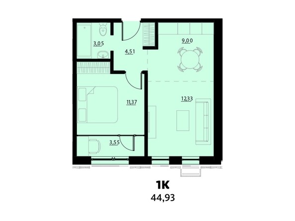 Планировка 1-комнатной 44,93 кв.м