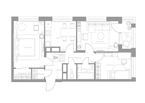 Планировка 3-комн 67,3 м²