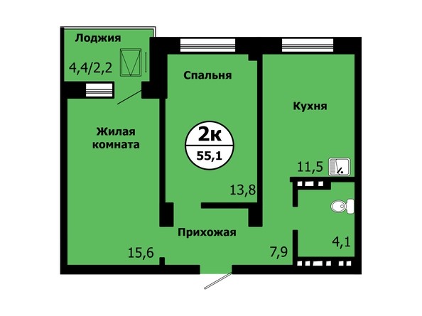 Планировка 2-комнатной квартиры 55,1 кв.м