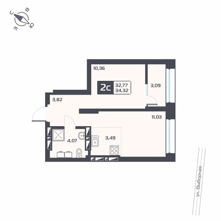 Планировка 2-комн 34,32 м²