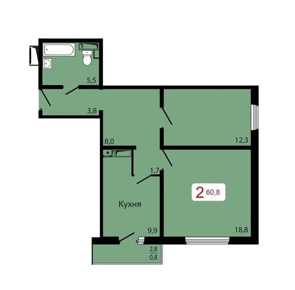 Планировка 2-комн 60,8 м²