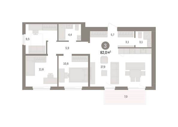 Планировка 3-комн 82 м²