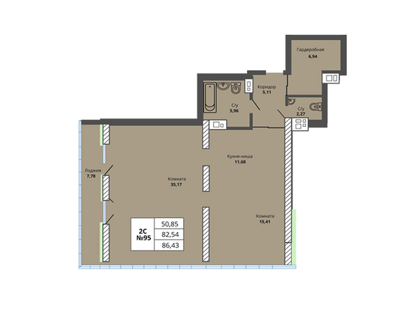 Планировка двухкомнатной квартиры 82,54 кв.м