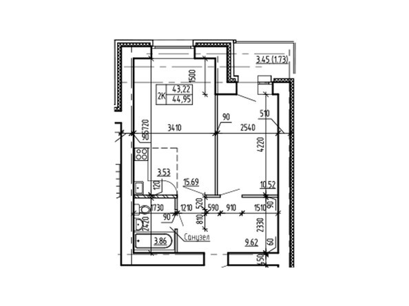 Планировка двухкомнатной квартиры 44,95 кв.м