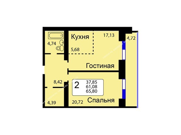 Б/С - 11. Планировка двухкомнатной квартиры 65,80 кв.м. Этажи 1-9.