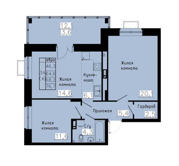 Планировка 3-комн 68,2 м²