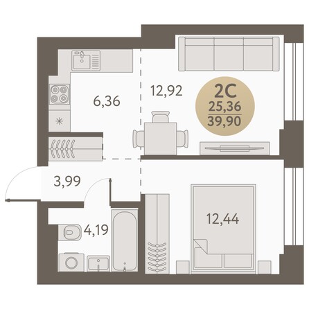 Планировка 2-комн 39,9 м²