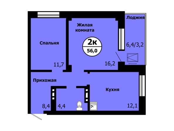 Планировка 2-комнатной квартиры 56 кв.м