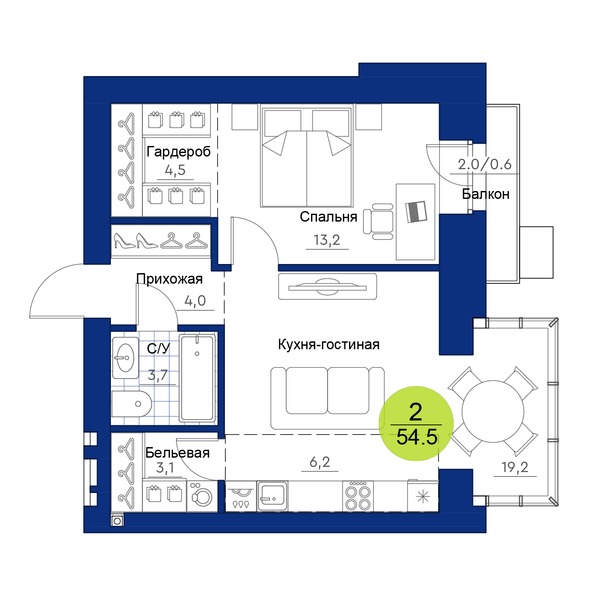 Планировка 2-комн 54,5 м²