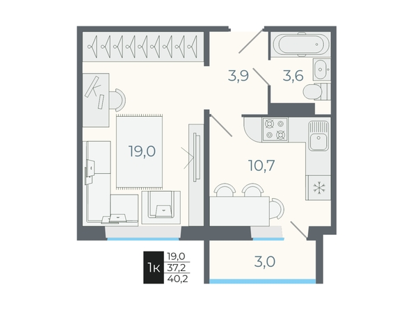 Планировка 1-комн 37,2, 40,2 м²