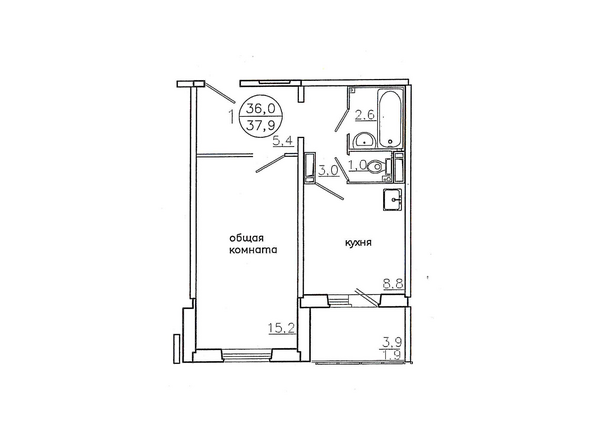 Планировка однокомнатной квартиры 37,9 кв.м. (правая сторона)