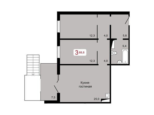 3-комнатная 68,8 кв.м