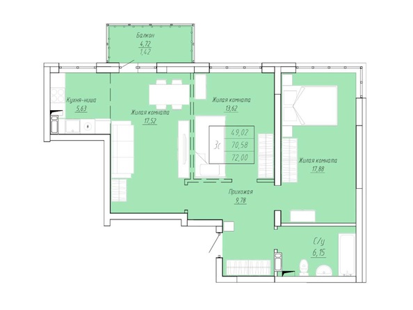 Планировка 3-комн 65,76 - 72,06 м²