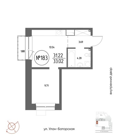 Планировка 1-комн 33,02 м²