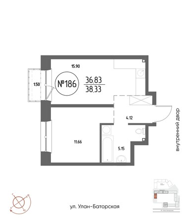 Планировка 1-комн 38,33 м²