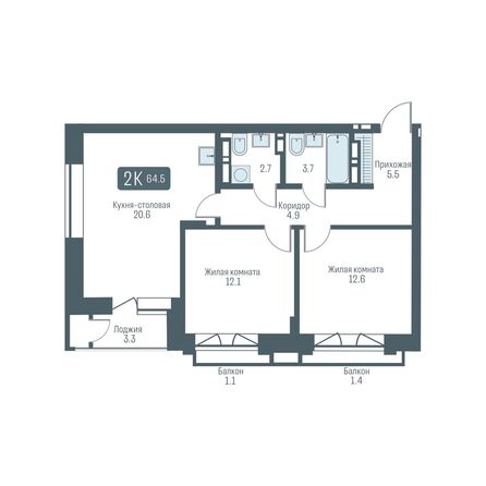 Планировка 2-комн 64,5, 64,6 м²