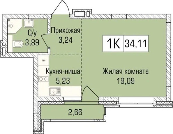 Планировка 1-комн 34,11 м²
