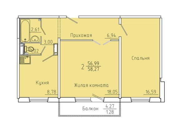 Планировка двухкомнатной квартиры 58,27 кв.м