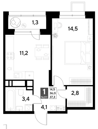 Планировка 1-комн 37,3, 38,5 м²