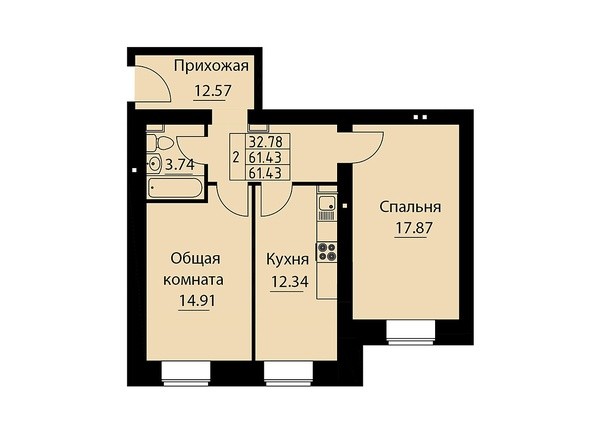 Планировка двухкомнатной квартиры 61,43 кв.м