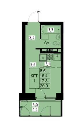 Планировка 1-комн 17,8 м²