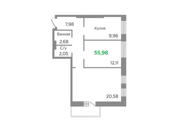 Планировка двухкомнатной квартиры 55,98 кв.м