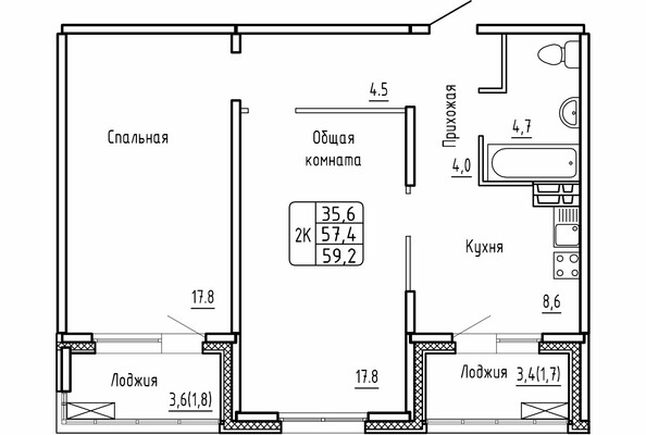 Планировка 2-комн 61 м²