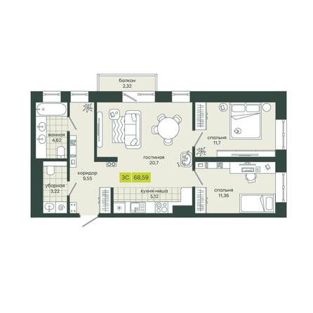 Планировка 3-комн 68,59 м²