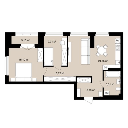 Планировка 3-комн 69,64 - 70,88 м²