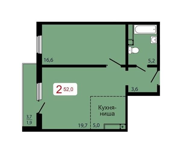 Планировка 2-комн 52 м²