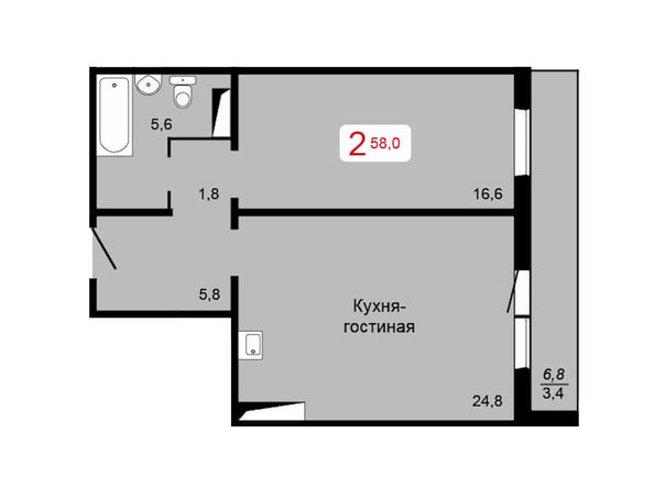 2-комнатная 58 кв.м