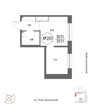 Планировка 1-комн 30,51 м²