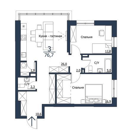 Планировка 3-комн 76,7, 76,9 м²