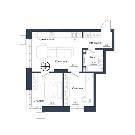 Планировка 3-комн 59,1 м²