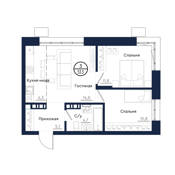 Планировка 3-комн 53,5 м²