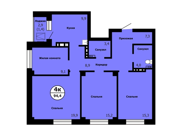 Планировка 4-комн 94,3 - 95,9 м²